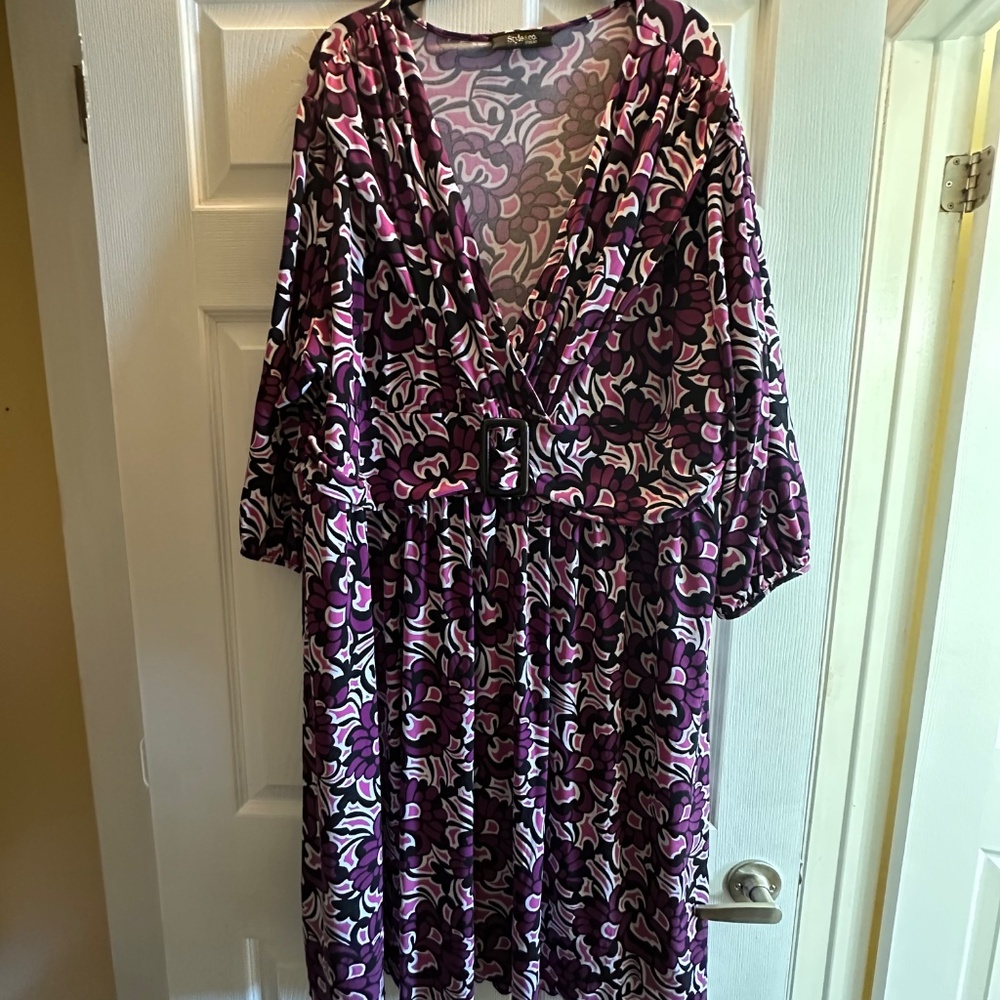 Plus Size Purple Floral Midi Dress 3X Belt Boho Style & Co Work Casual Dress - Picture 5 of 9